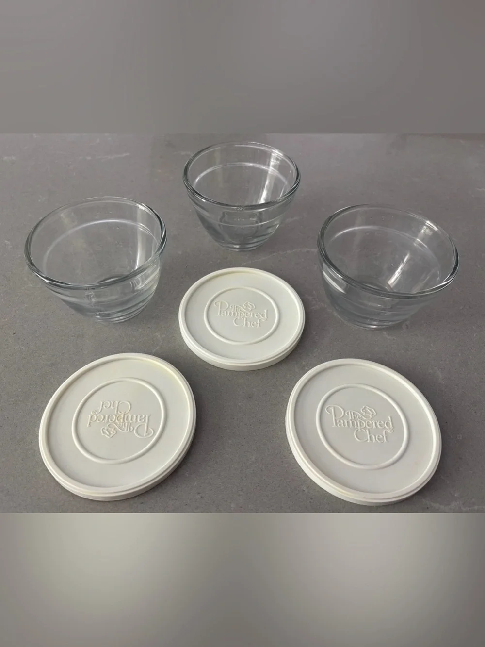 set of 3 Pampered Chef glass prep bowls 3/4 cup / 175 ml with lids